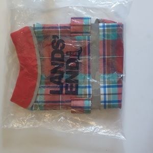 Lands End dog Squall jacket. Mid-sized enrich red plaid.